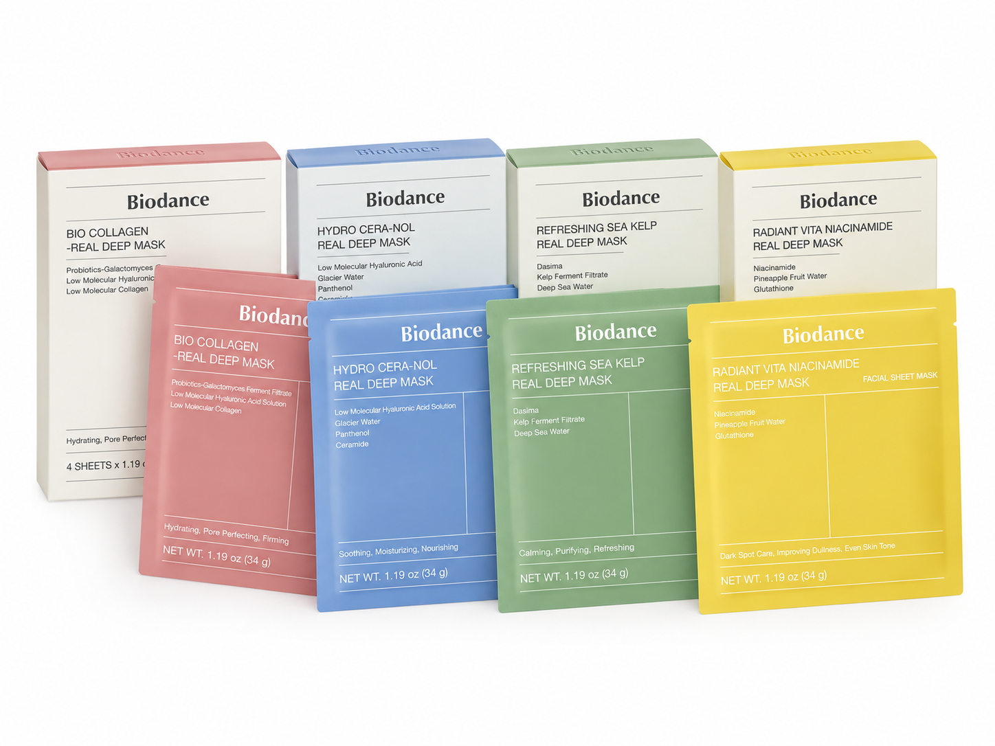 Biodance - Real Deep Mask Variety Pack – Set de 4 mascarillas variadas, 1 de cada tipo - 4 uds/34 g